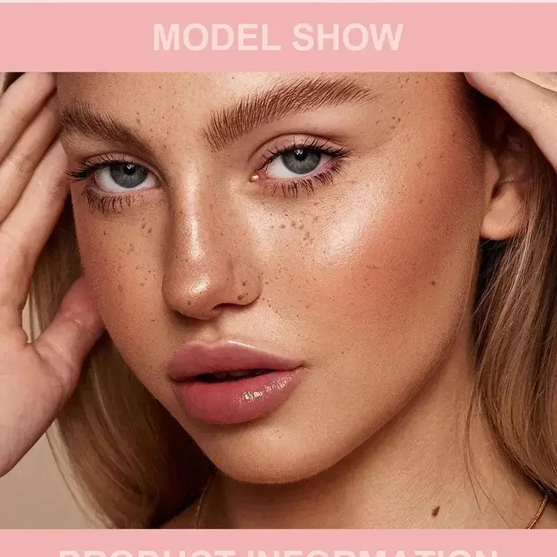 Close-up of a female model with glowing skin, freckles, full lips, and natural makeup in beauty shoot