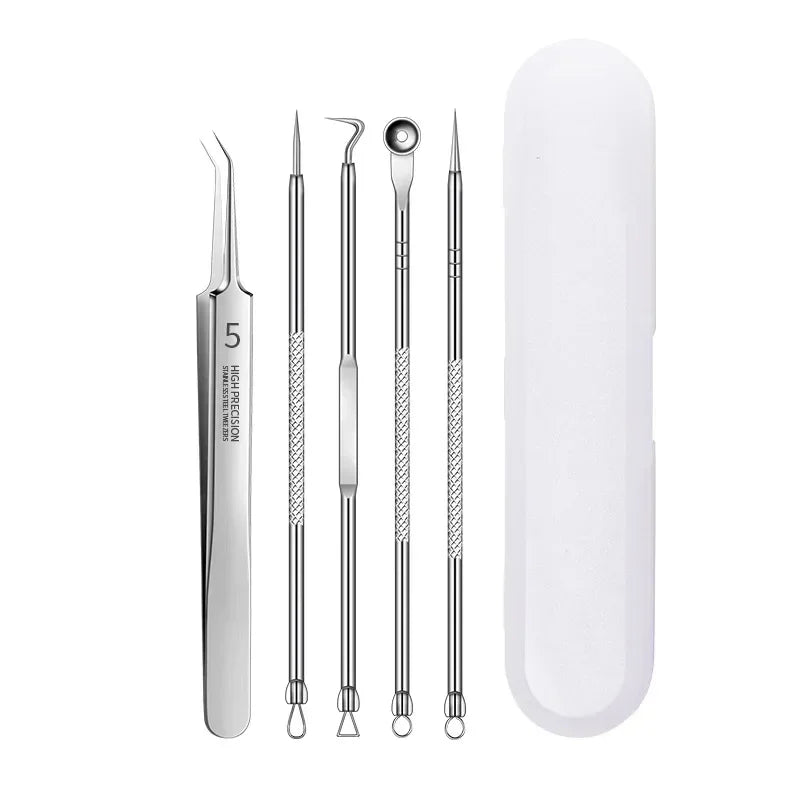 Stainless steel blackhead removal tool set with precision tweezers and white storage case