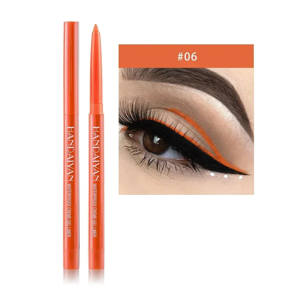 Orange waterproof gel eyeliner pencil and close-up of eye makeup with orange and black winged eyeliner