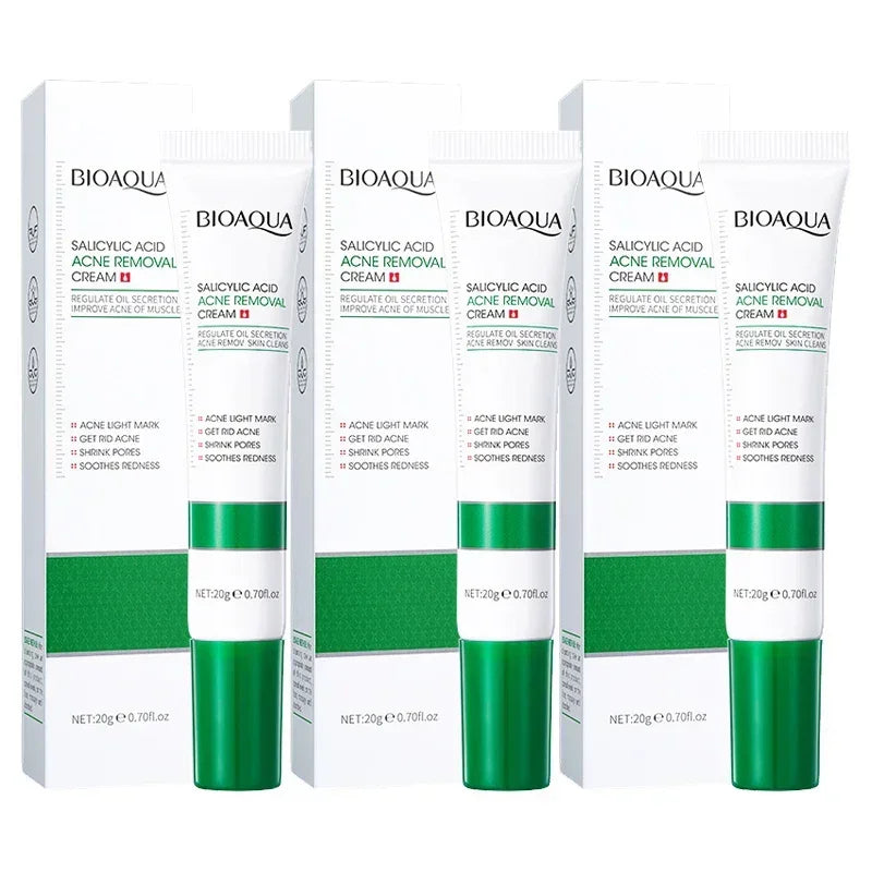 BIOAQUA Salicylic Acid Acne Removal Cream tubes and boxes with green caps, acne treatment cream