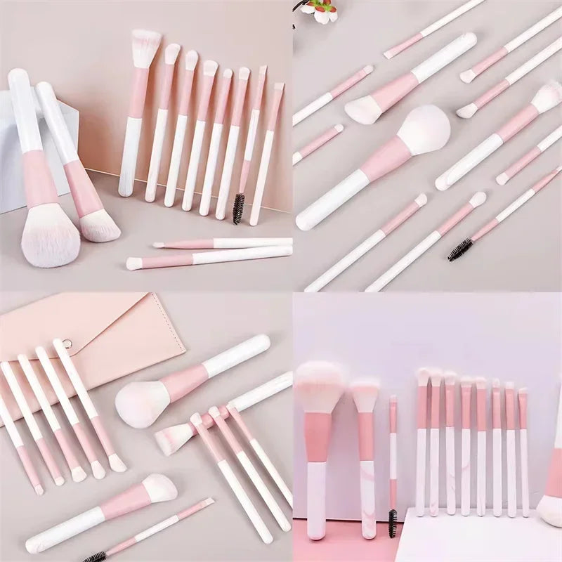 Set of pink and white makeup brushes arranged on light backgrounds with a matching pink brush pouch