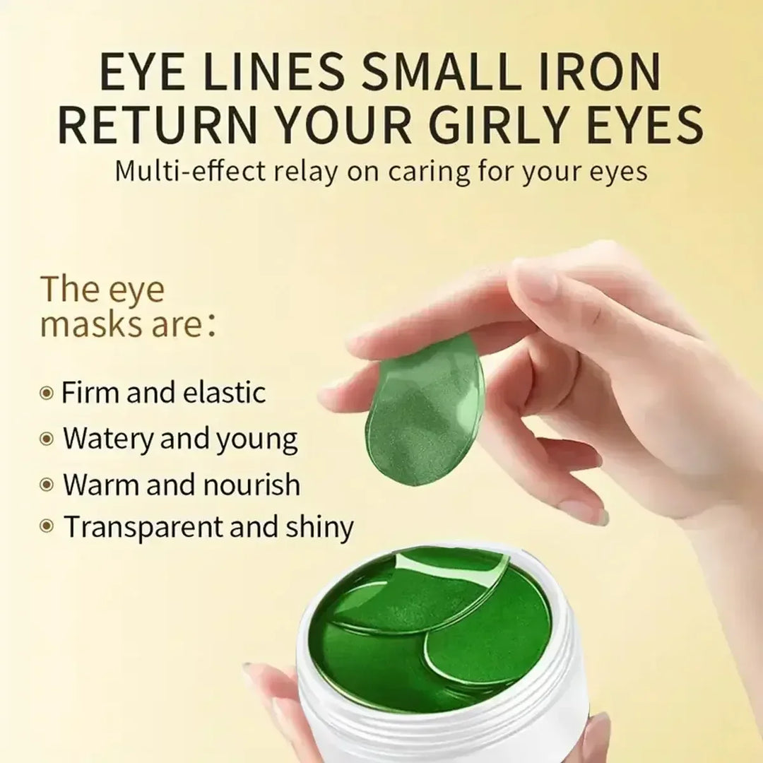 Green eye masks in a white jar with hand holding one patch, firm elastic and nourishing care