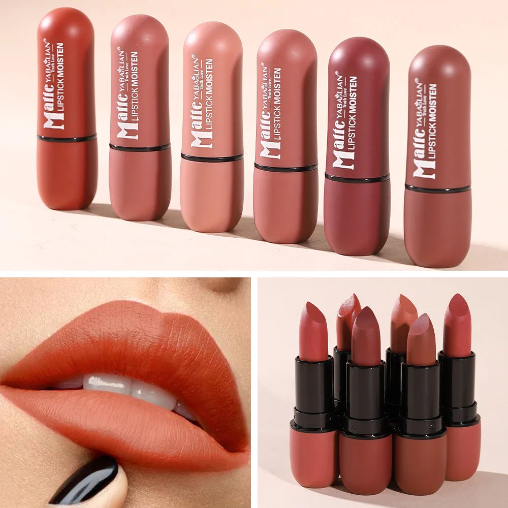 Matte lipstick collection in nude and brown shades with close-up of lips wearing matte lipstick
