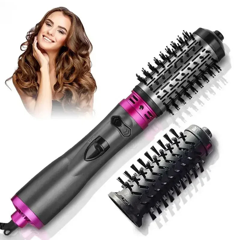 Hair styling hot air brush with two round black bristle brush heads and smiling woman with voluminous curled hair