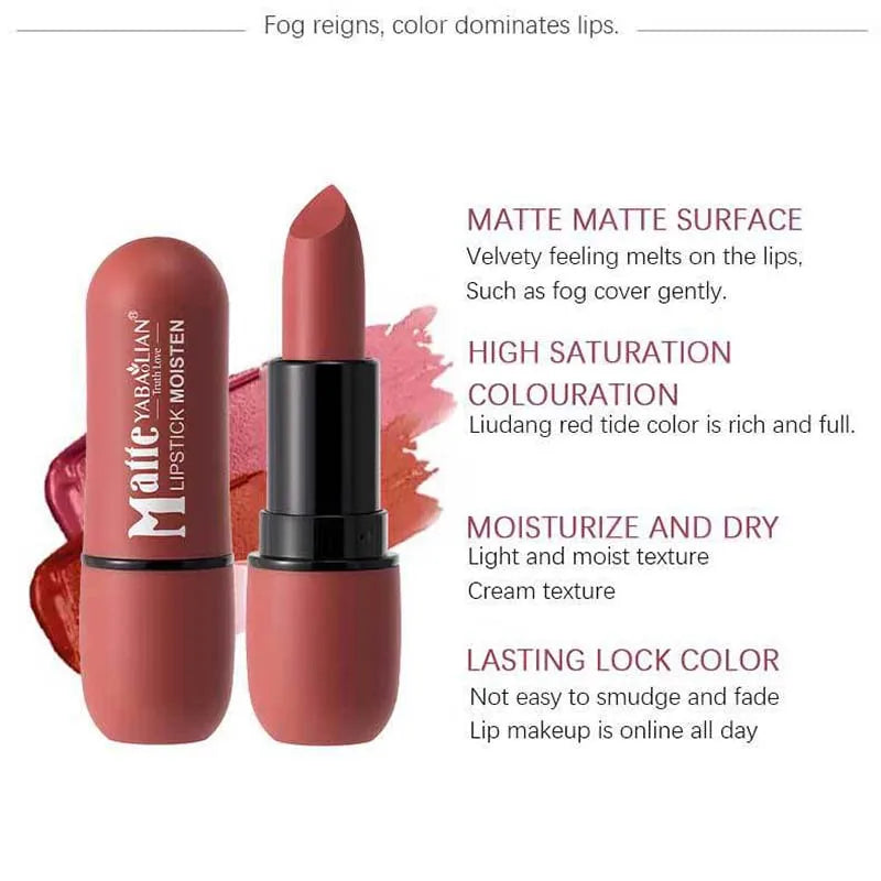 Matte lipstick in muted red with velvety matte surface, high saturation color, moisturizing cream texture, and long-lasting formula