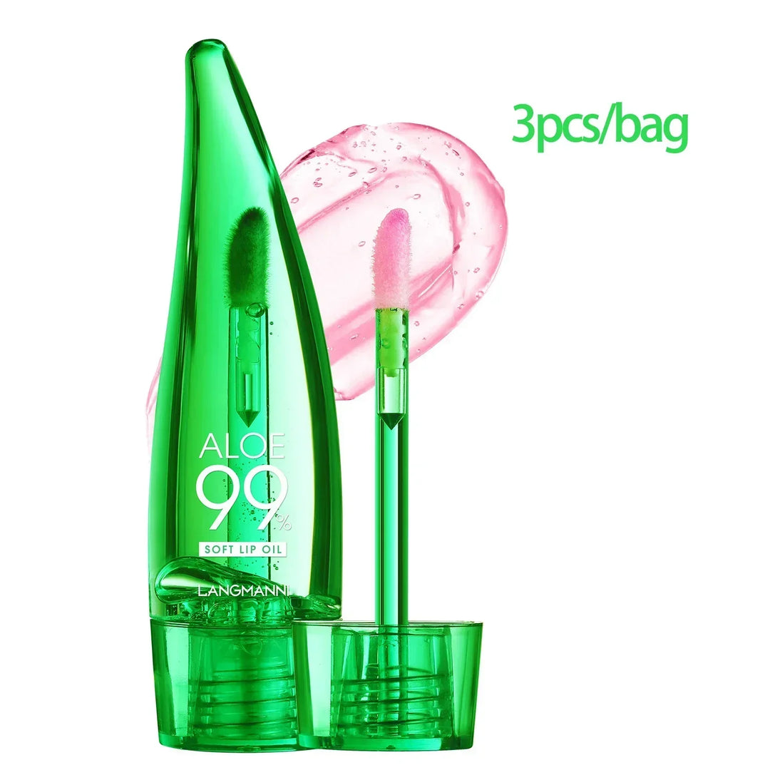 Green aloe vera shaped lip oil tube with applicator and pink gel smear, 3pcs per bag