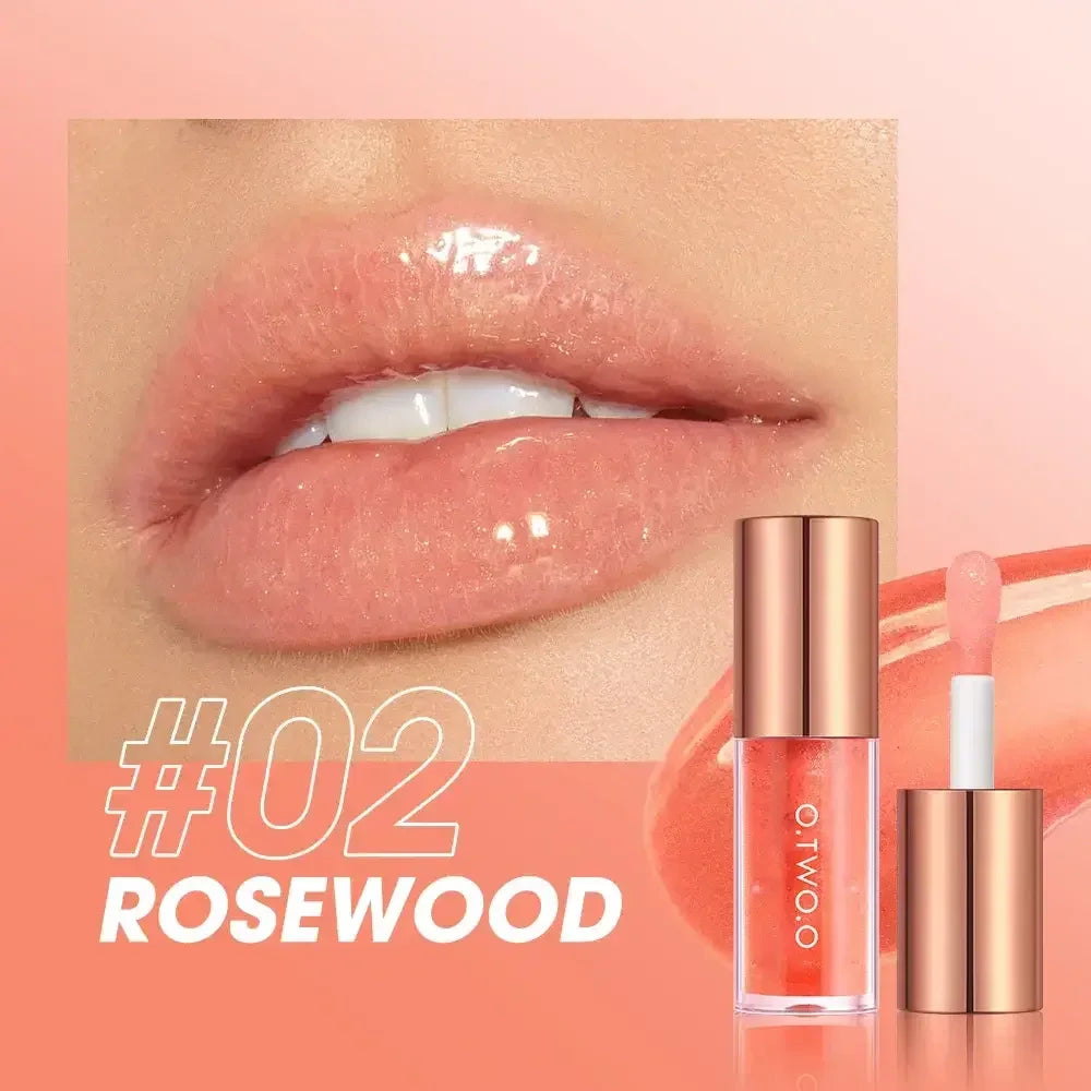 Glossy rosewood lip gloss on lips with O.TWO.O lip gloss tube and applicator