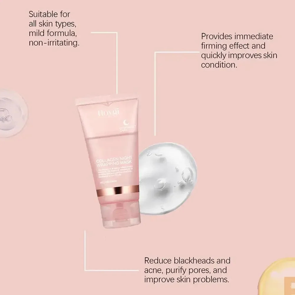 Collagen night wrapping mask on pink background with skin care benefits text and gel texture