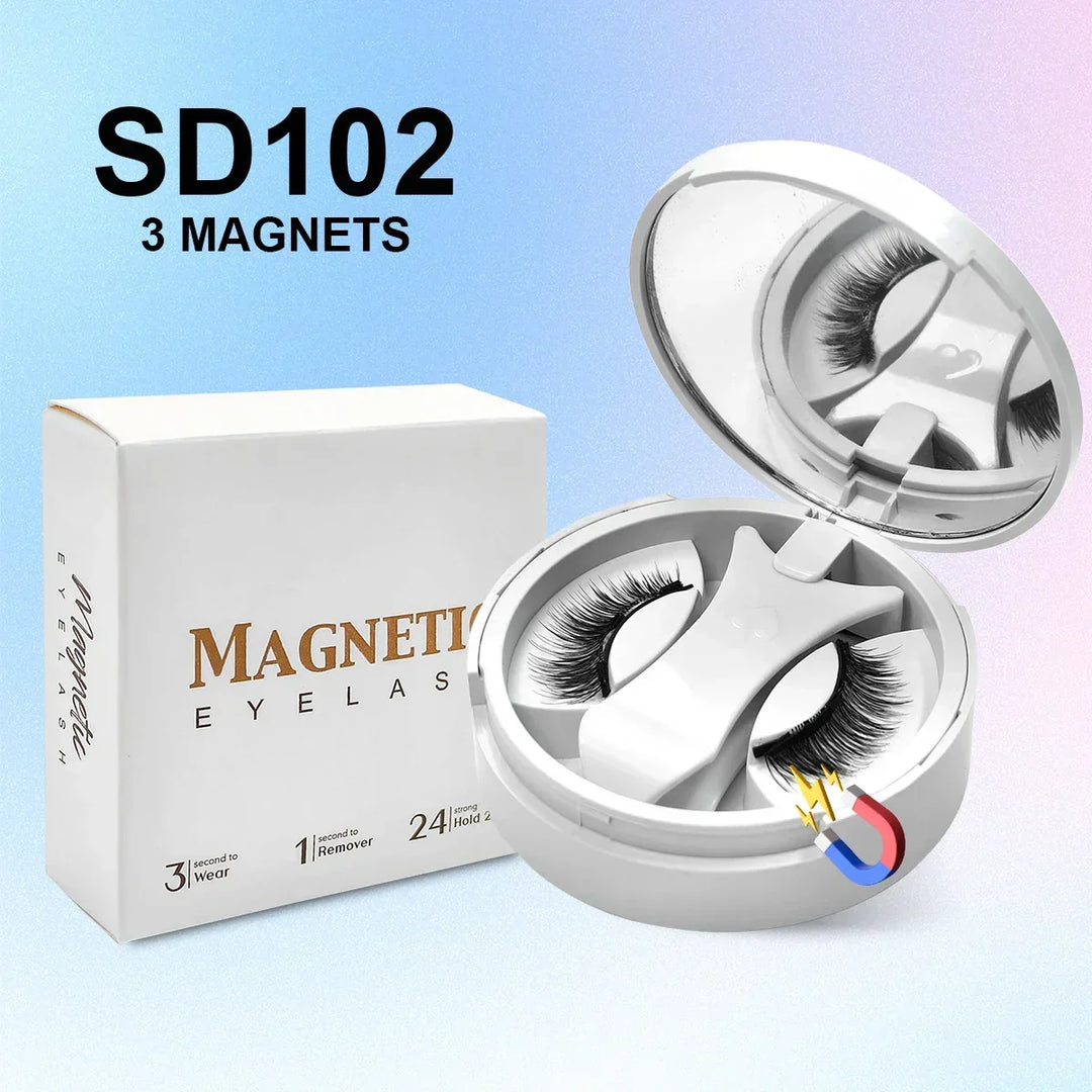 Magnetic eyelashes SD102 with 3 magnets in white compact case and packaging box on blue gradient background
