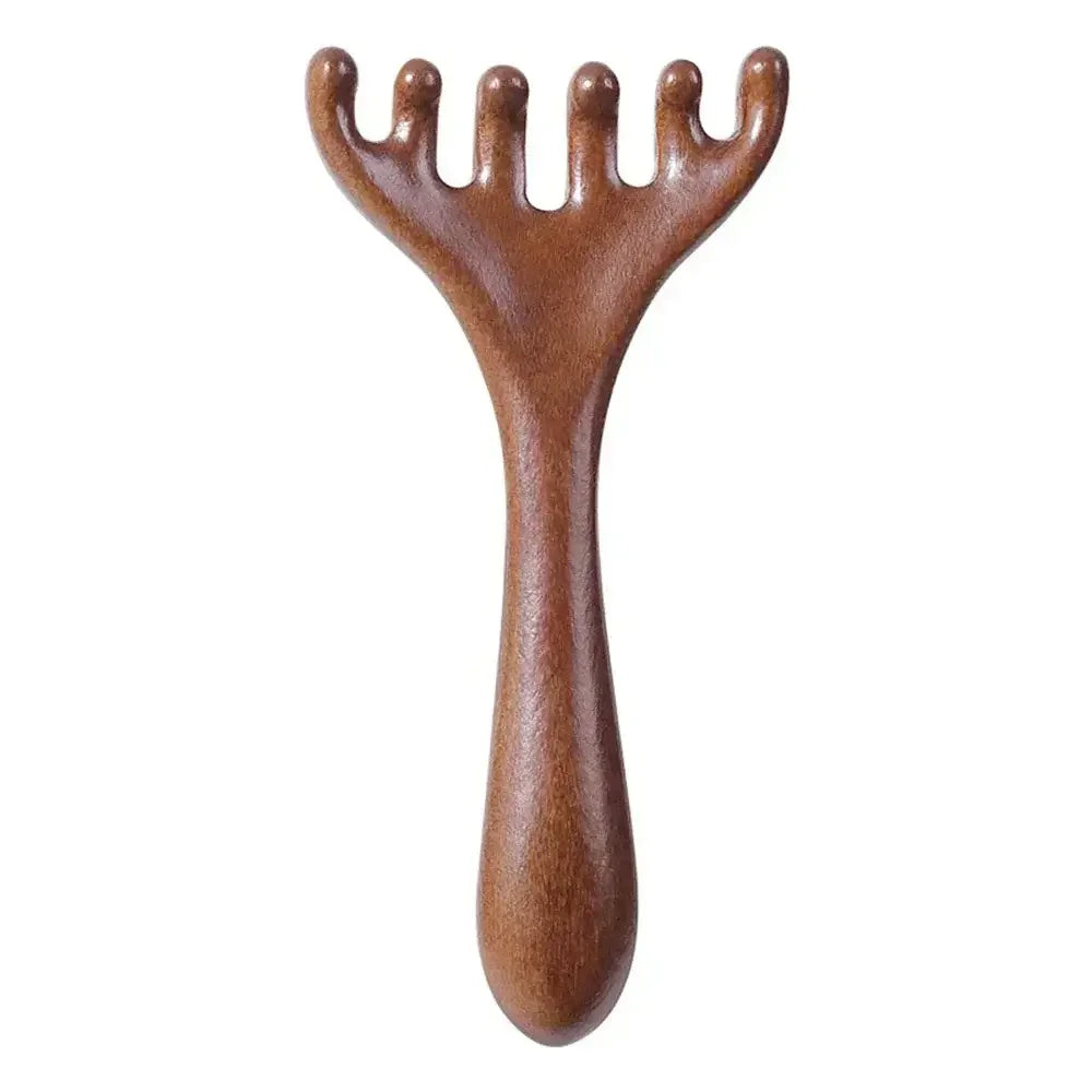 Handheld wooden scalp massager with five rounded prongs for relaxing head massage