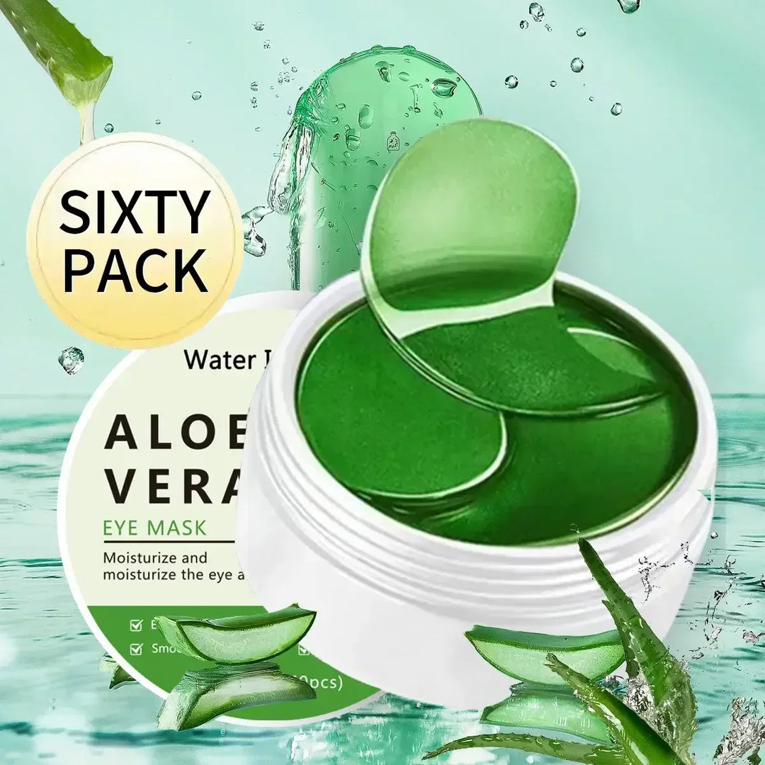 Sixty pack of aloe vera eye mask patches in white jar with green gel and aloe slices