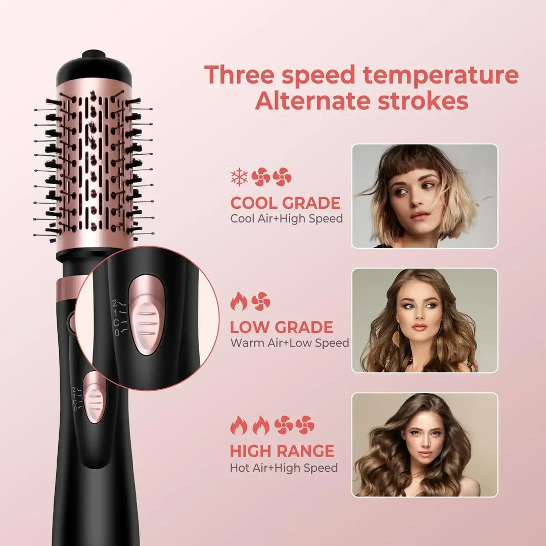 Hair styling brush with three speed temperature settings and photos of women with styled hair for cool, low, and high grade modes