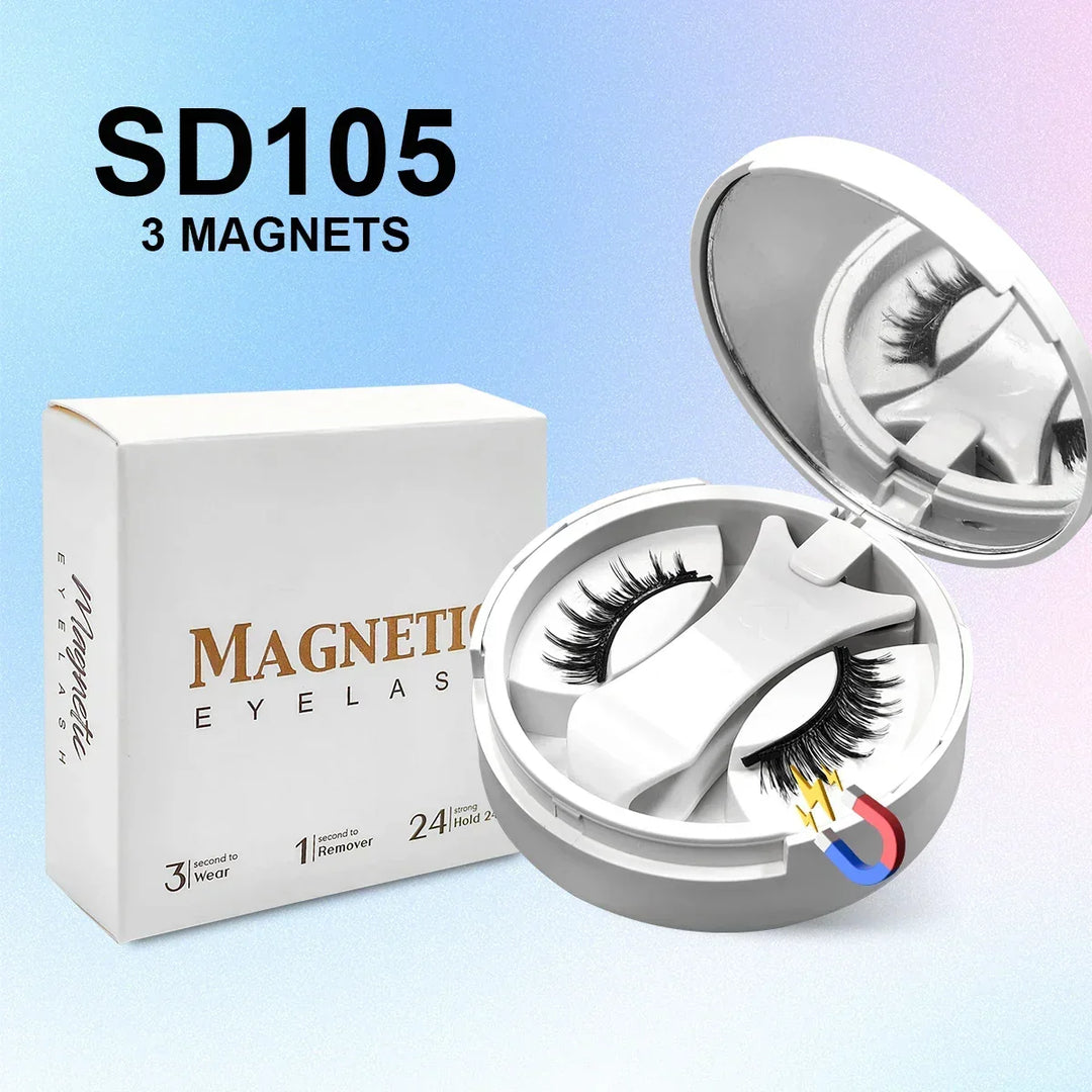 SD105 magnetic eyelashes with 3 magnets in white round case and packaging box on pastel background