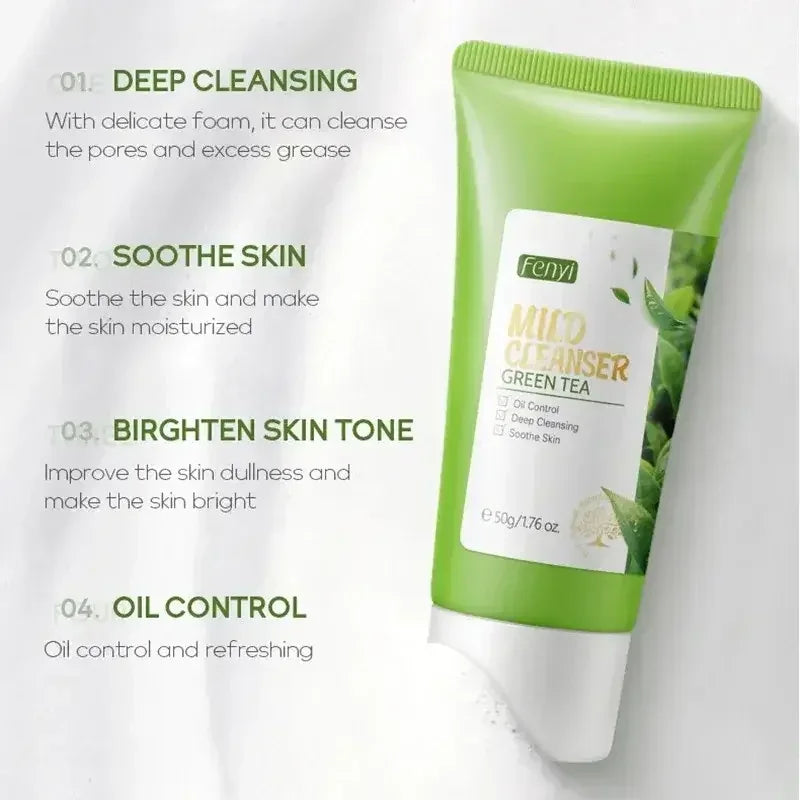 Green tube of Fenyi Mild Cleanser with green tea for deep cleansing, soothing skin, brightening, and oil control