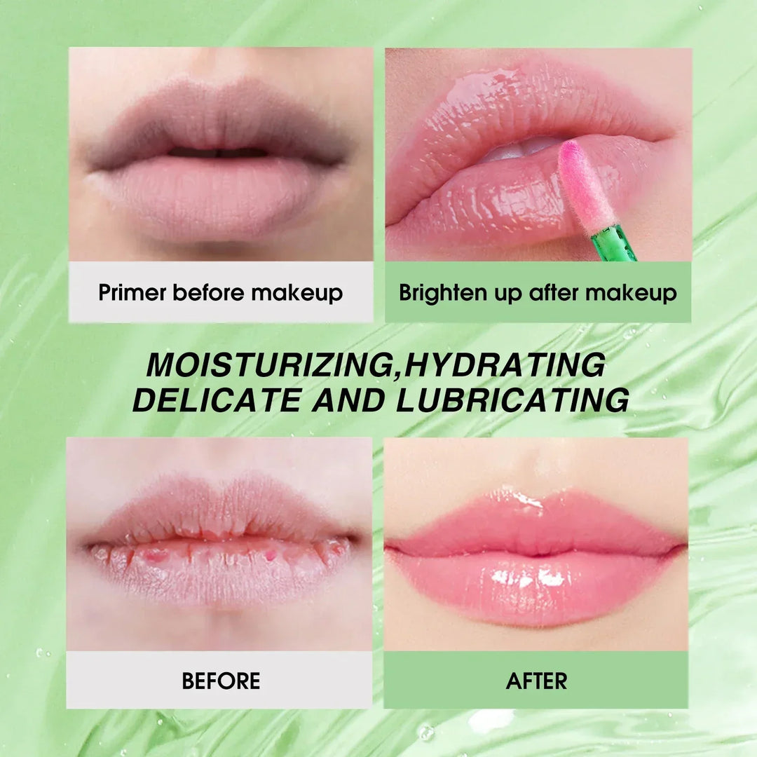 Close-up of lips showing moisturizing lip primer before and brightening lip gloss after makeup