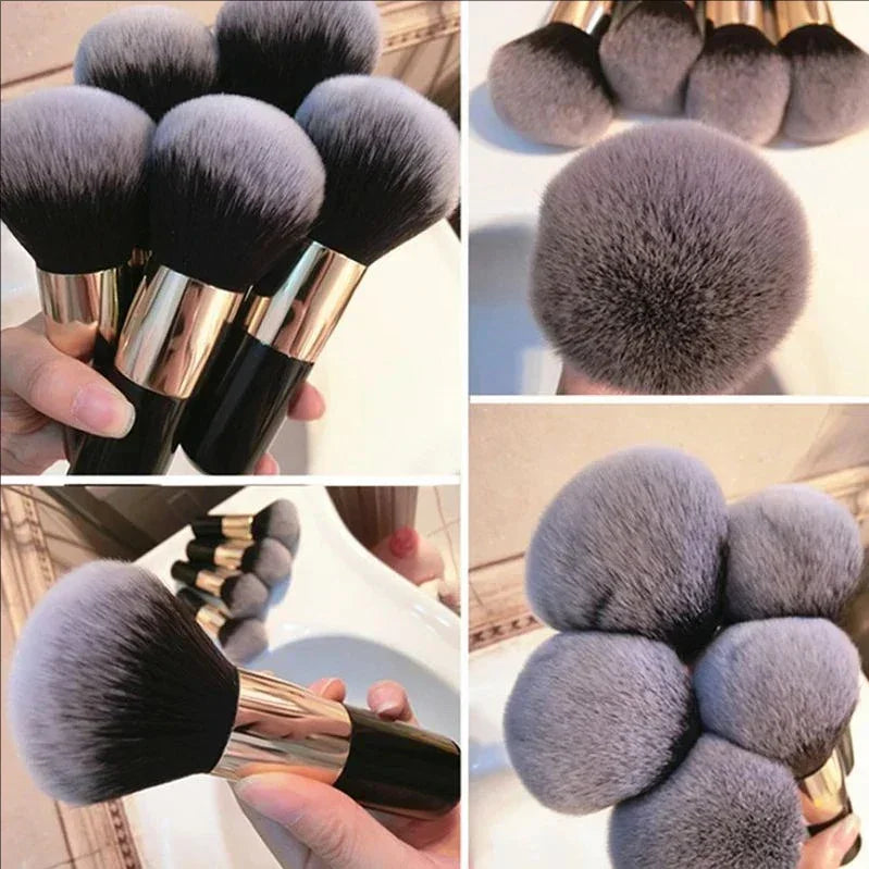 Set of dense, soft makeup powder brushes with black handles and gold ferrules shown from various angles