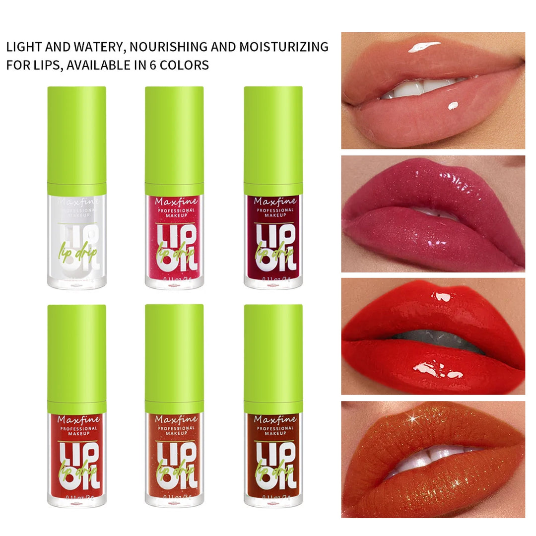 Maxfine lip drip gloss in six colors with moisturizing, glossy lip swatches in nude, pink, red, and brown shades