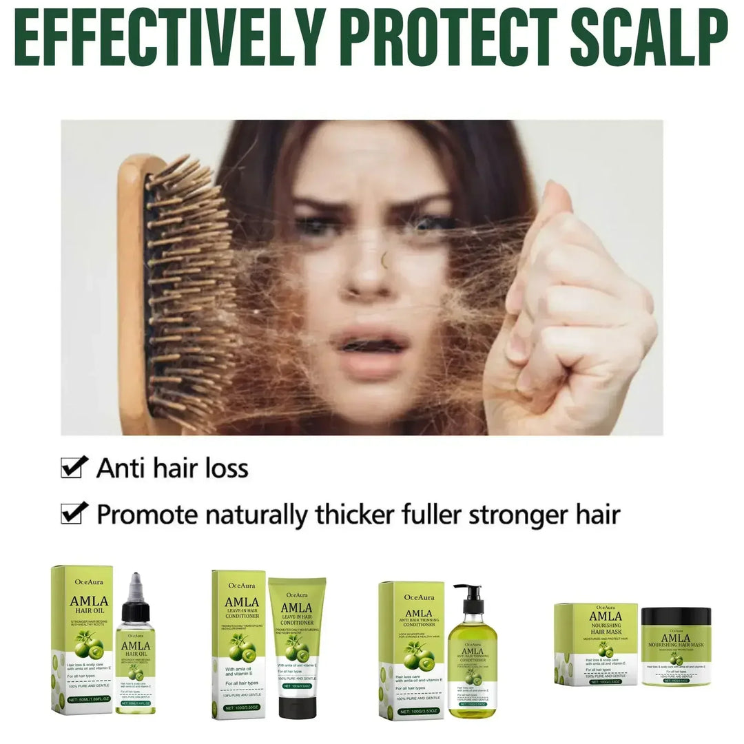 Woman shocked by hair loss with brush, promoting Amla hair oil, conditioner, and mask for scalp protection