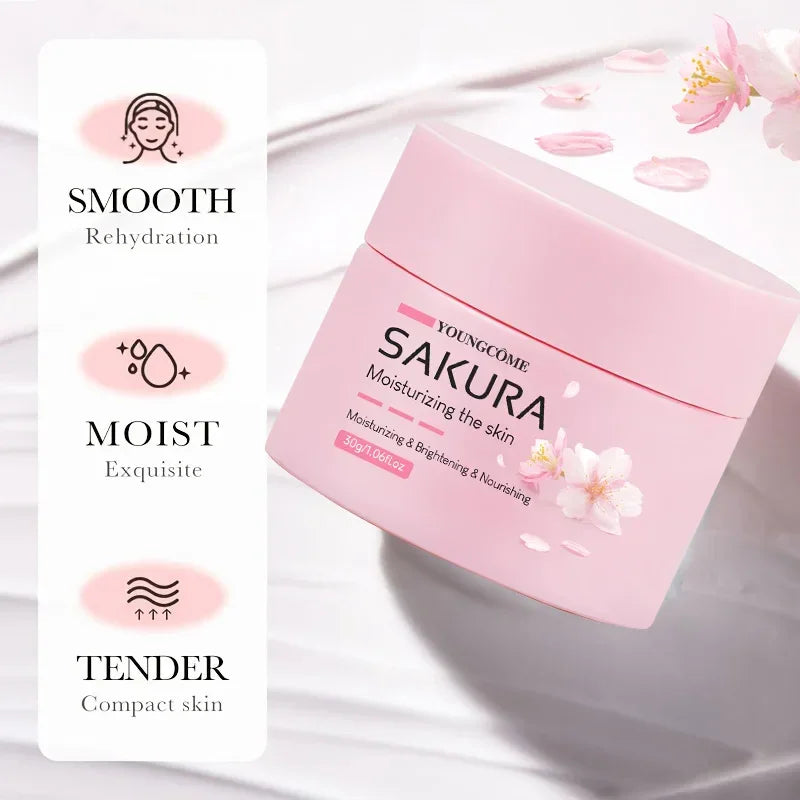 Pink Sakura moisturizing cream jar with cherry blossom petals and skin care benefits icons