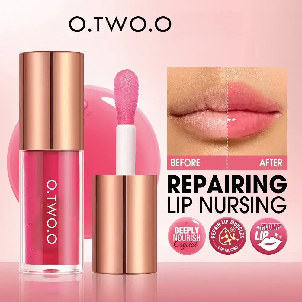 O.TWO.O pink lip gloss with applicator, before and after lip repair and plumping results