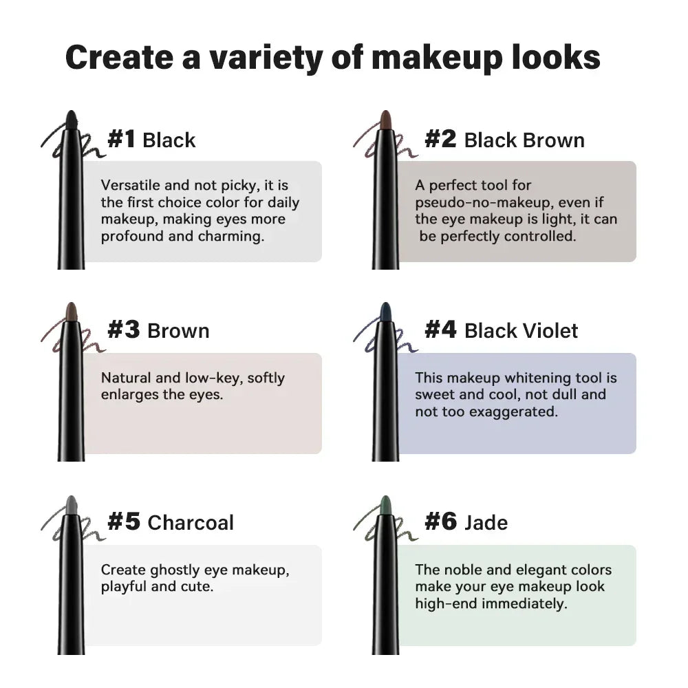 Six eyeliner shades with descriptions: Black, Black Brown, Brown, Black Violet, Charcoal, Jade for varied makeup looks