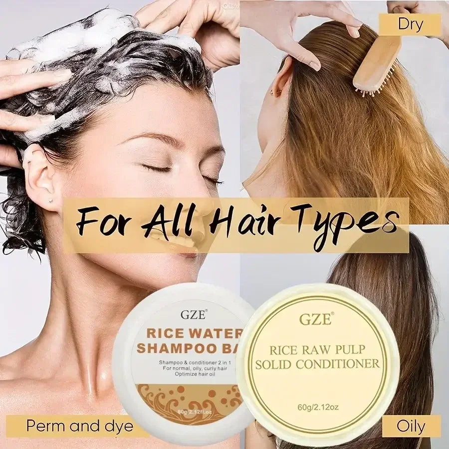 GZE rice water shampoo bar and solid conditioner for all hair types, shown with washing, drying, perm and oily hair