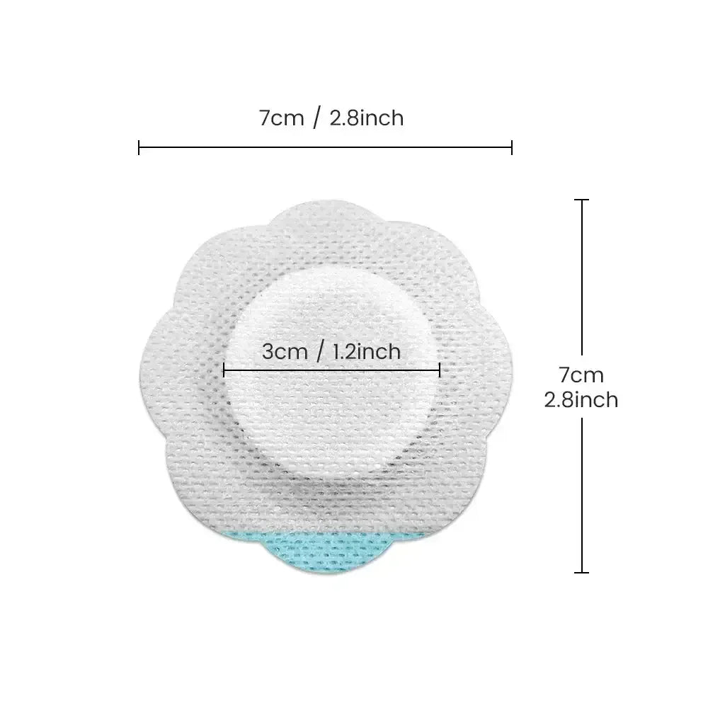 White flower-shaped adhesive patch with blue tab, measuring 7cm by 7cm and center diameter 3cm