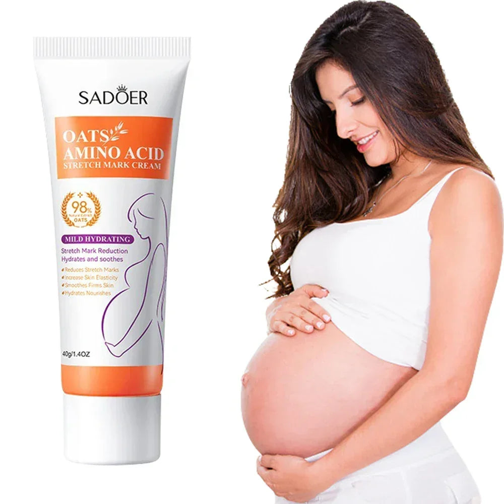 Sadoer Oats Amino Acid stretch mark cream tube with a smiling pregnant woman embracing her belly