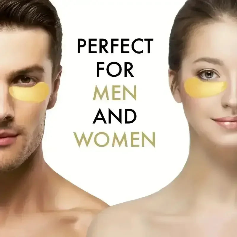 Male and female with yellow under eye patches, text reading perfect for men and women