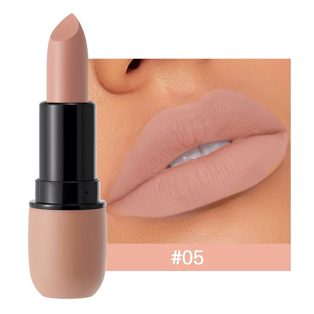 Matte nude lipstick shade #05 with close-up of lips wearing soft beige matte lipstick
