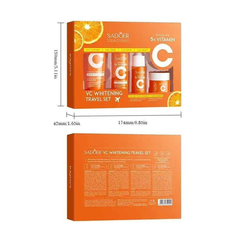 SADOER VC Whitening Travel Set with face cleanser, toner, serum, and cream in orange packaging featuring vitamin C and orange slices