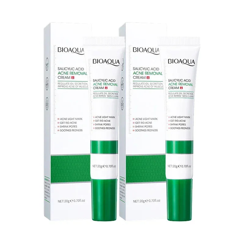 Bioaqua Salicylic Acid Acne Removal Cream tubes and boxes with green and white packaging for acne treatment