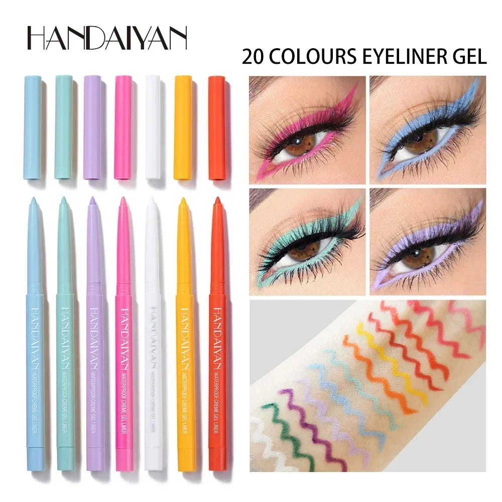 Handaiyan waterproof gel eyeliners in six pastel and bright shades with colorful swatches and eye makeup examples