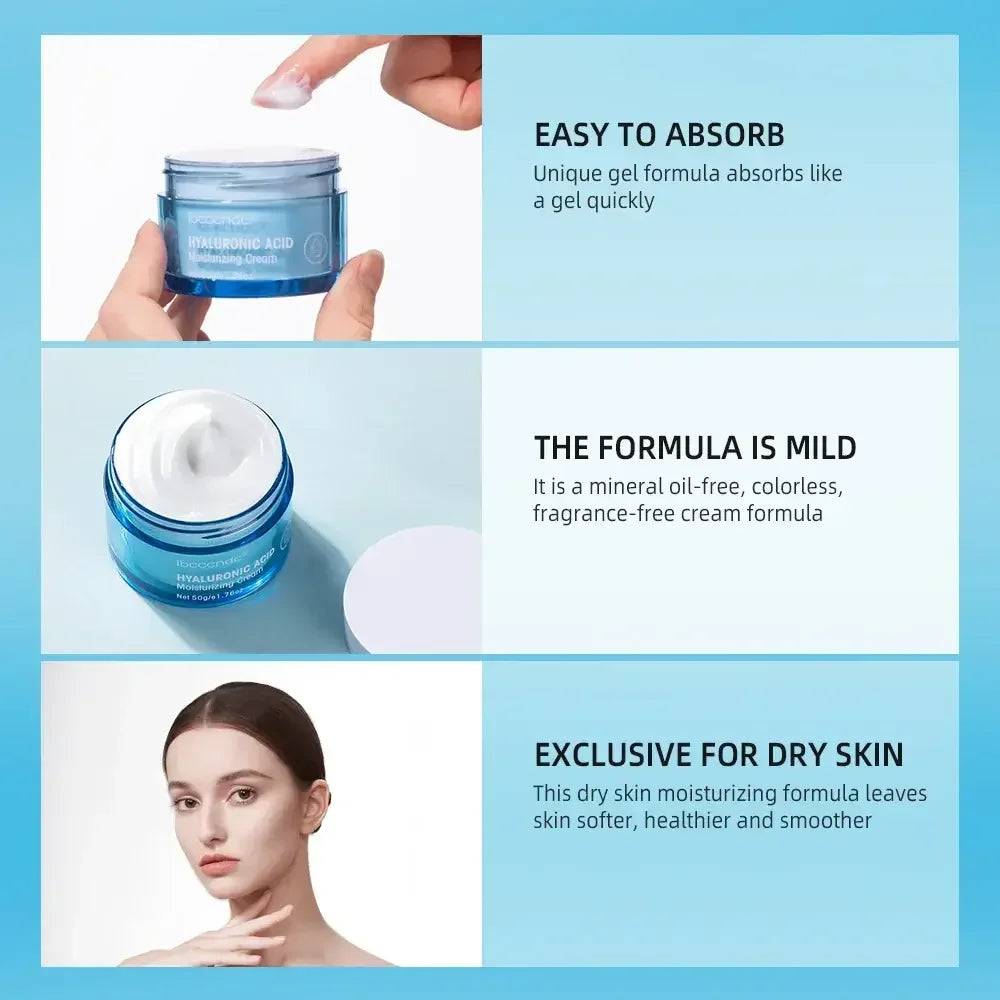 Hyaluronic Acid moisturizing cream jar and application demonstrating easy absorb, mild formula, and dry skin benefits