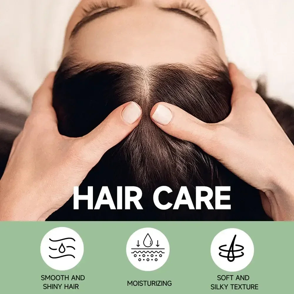 Hands massaging scalp of dark hair, promoting hair care with moisturizing and silky texture