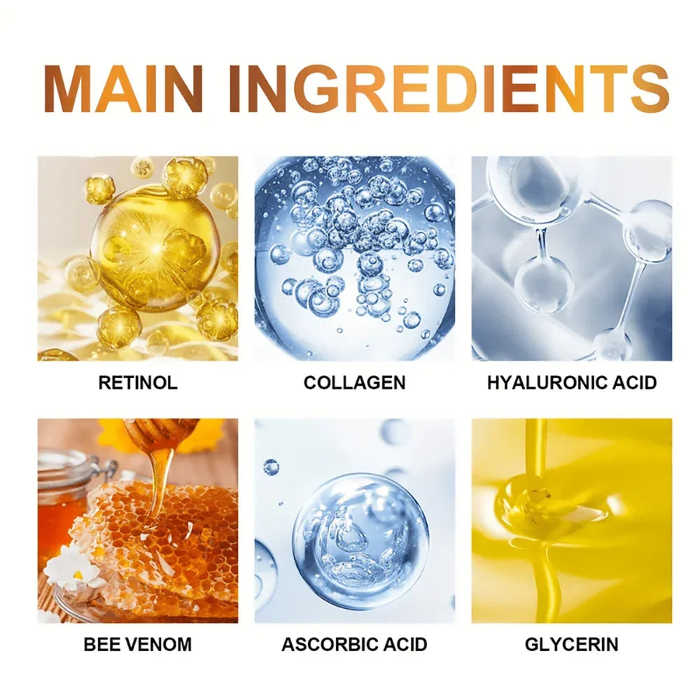 Main skincare ingredients: retinol, collagen, hyaluronic acid, bee venom, ascorbic acid, glycerin