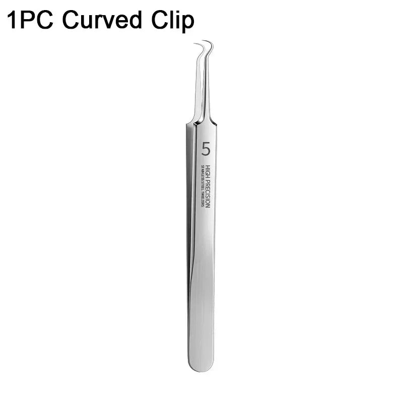 High precision stainless steel curved tweezer with fine tips isolated on white background