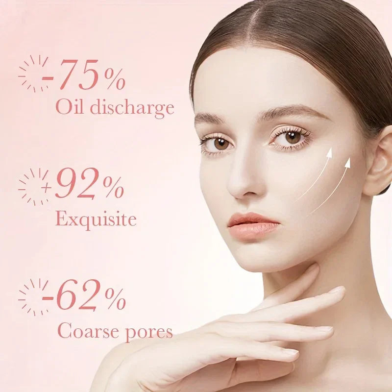 Young woman with smooth skin and skincare benefits text showing reduced oil discharge, finer pores, and increased skin quality