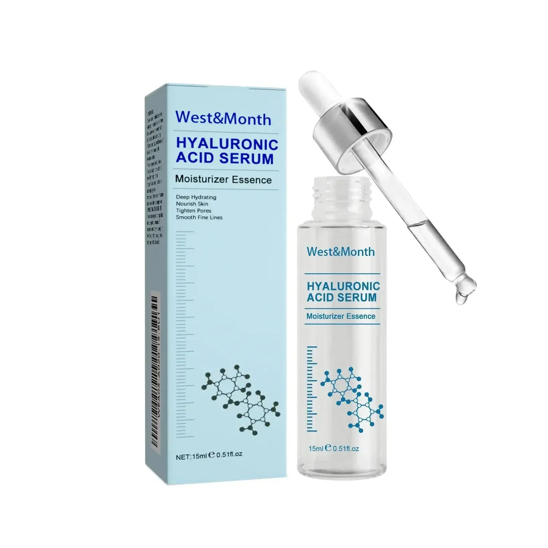 West&Month Hyaluronic Acid Serum with dropper and blue box packaging for deep hydrating moisturizer essence