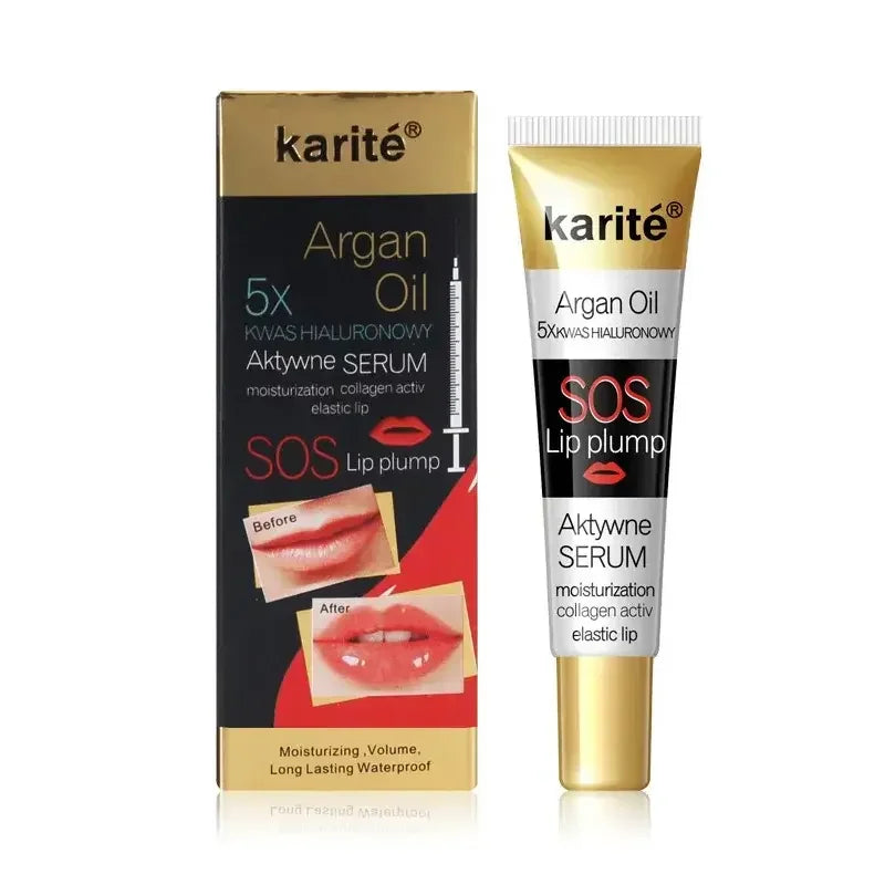 Karité Argan Oil SOS Lip Plump serum with moisturizing collagen for elastic lips, before and after images