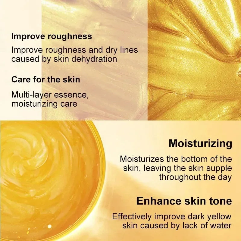 Close-up of golden moisturizing cream with skin care benefits text on improving roughness, hydration, and skin tone