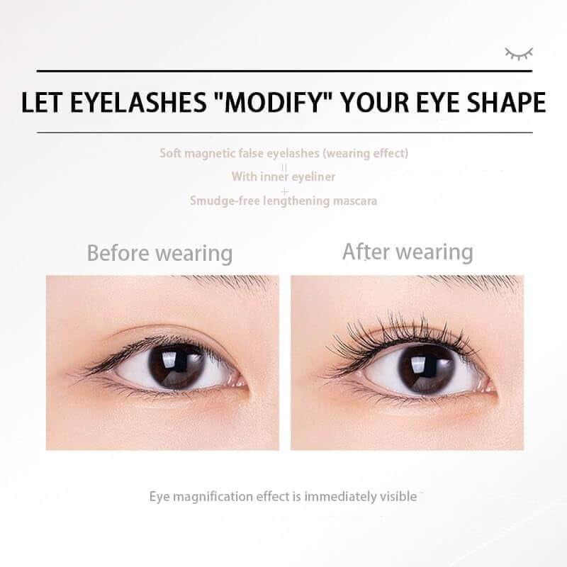 Close-up comparison of an eye before and after wearing soft magnetic false eyelashes with inner eyeliner and lengthening mascara