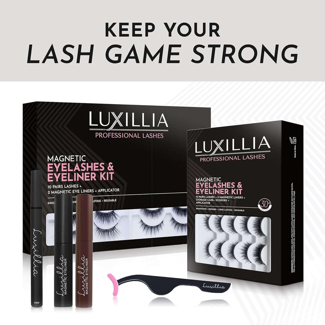 Luxillia magnetic eyelashes and eyeliner kit with multiple lash pairs, applicator, and liners