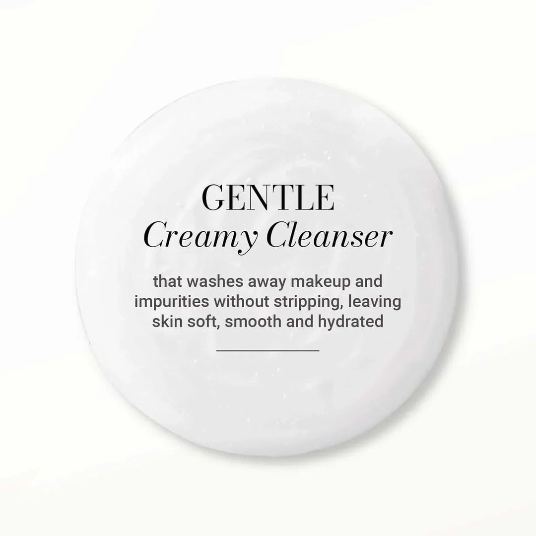 Gentle creamy cleanser text on white creamy textured background describing makeup removal and hydration