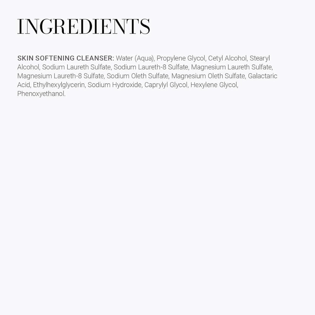 Ingredients list for skin softening cleanser including water, propylene glycol, cetyl alcohol, sulfates, glycol, and phenoxyethanol