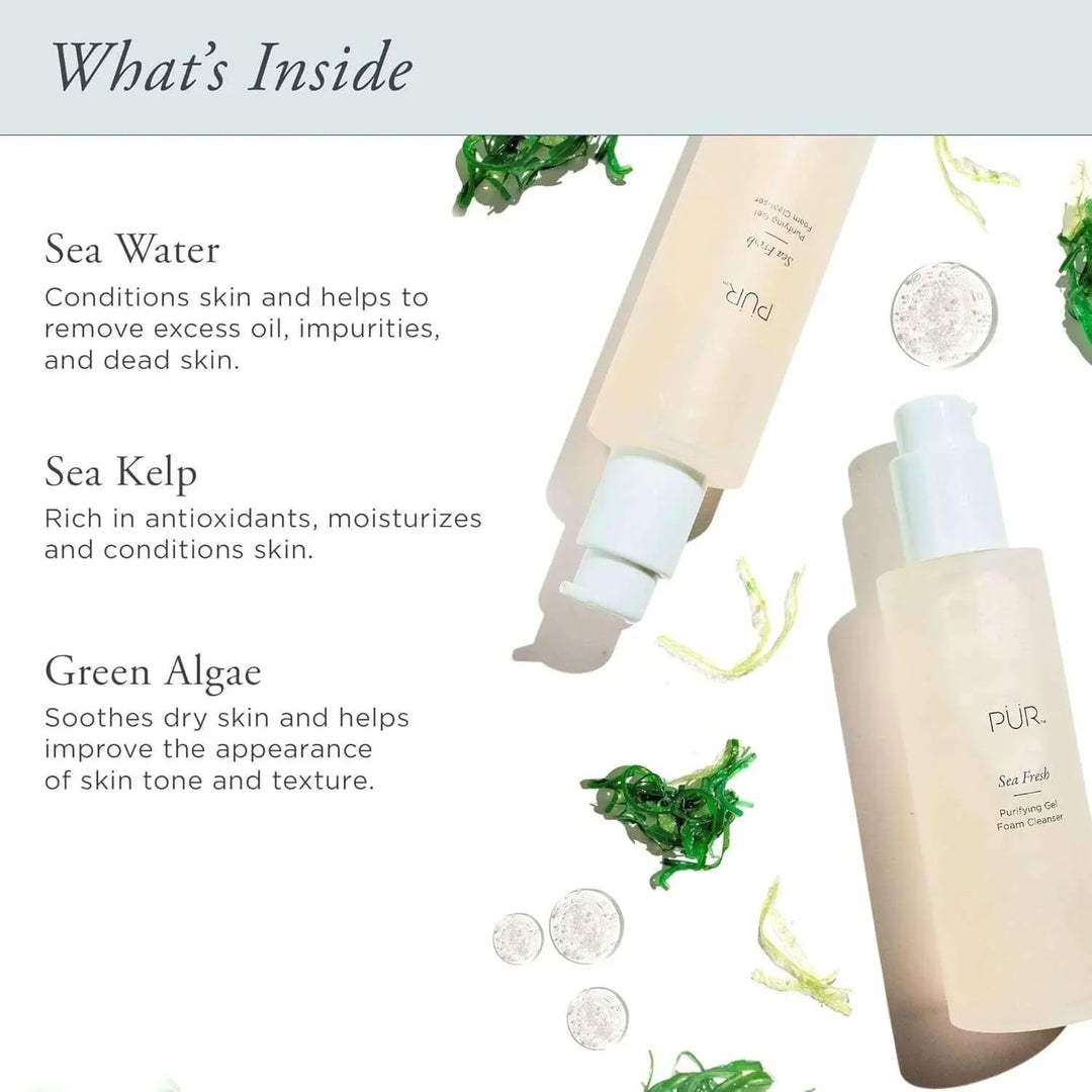 PÜR Sea Fresh Purifying Gel Foam Cleanser with sea water, sea kelp, green algae ingredients displayed