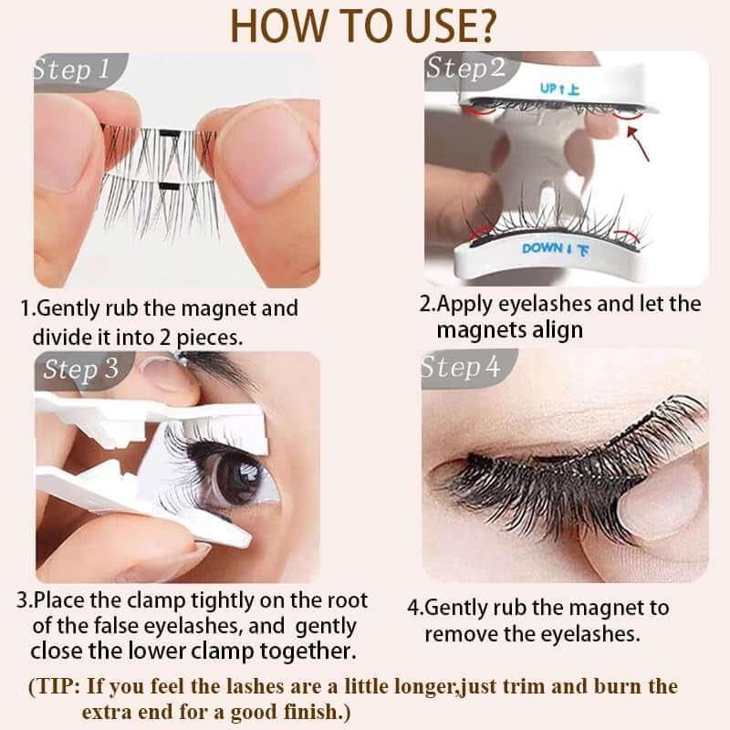 Step-by-step tutorial on using magnetic false eyelashes with clamp tool for easy application and removal