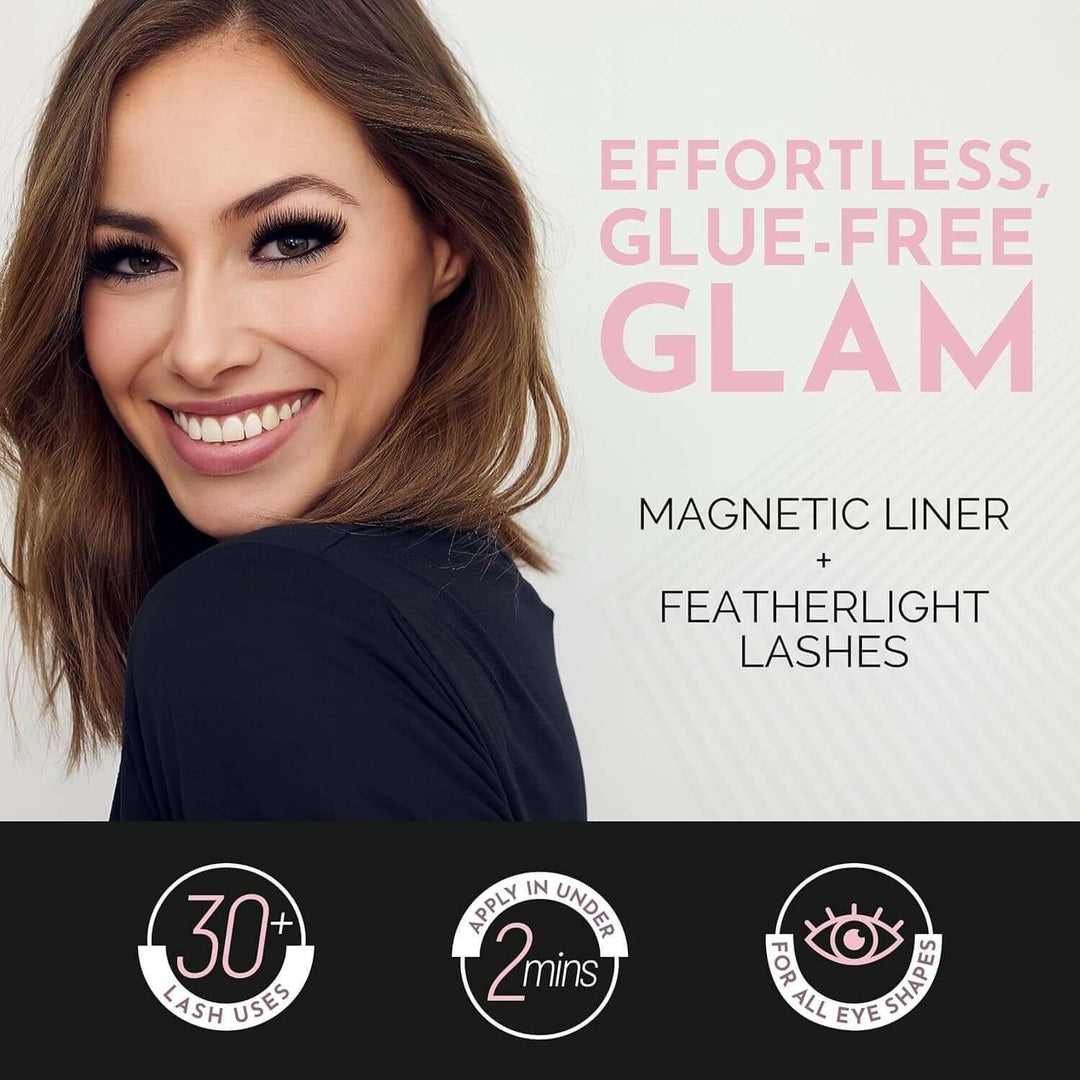 Smiling woman with magnetic eyeliner and featherlight lashes promoting effortless, glue-free glam