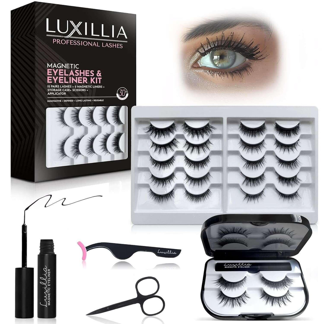 Luxillia magnetic eyelashes and eyeliner kit with 12 pairs lashes, magnetic liners, applicator, and scissors