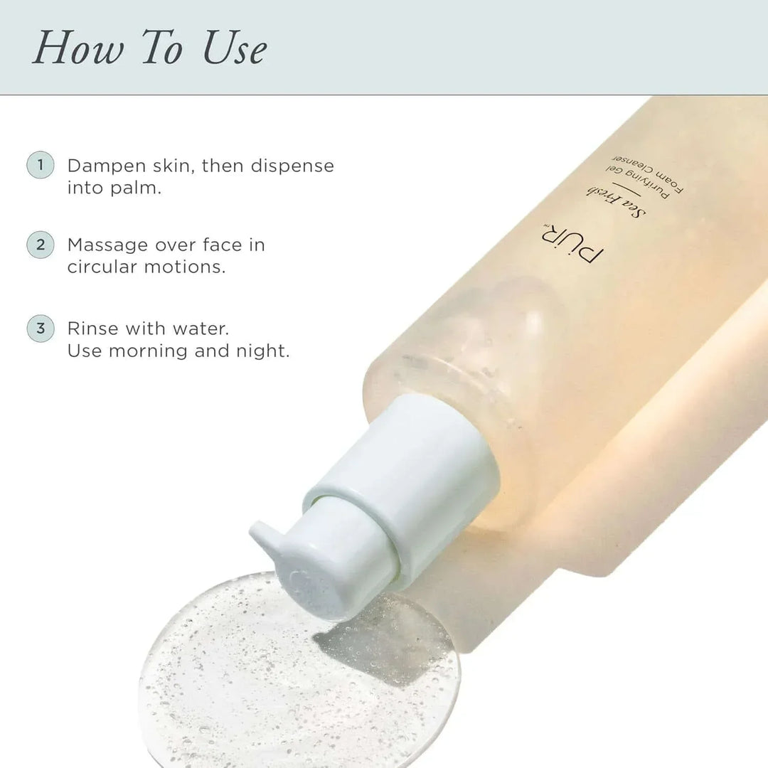 Pur Sea Fresh Purifying Gel Foam Cleanser with clear gel and usage instructions for skincare routine